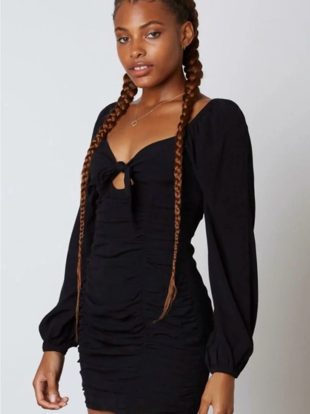 Cotton Candy LA Black Long Sleeve Ruched Mini Dress with Front Tie